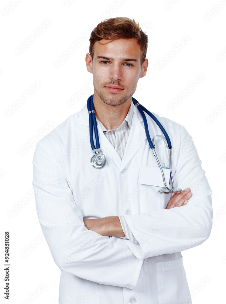Man portrait, doctor and arms crossed for medical exam in studio, physician consultation and white background. Male person, cardiology surgeon and ready for test, healthcare and emergency specialist Man portrait, doctor and arms crossed for medical exam in studio, physician consultation and white background. Male person, cardiology surgeon and ready for test, healthcare and emergency specialist