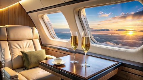 Luxurious first-class travel experience with champagne, comfort, and panoramic views, premium, travel, first-class
