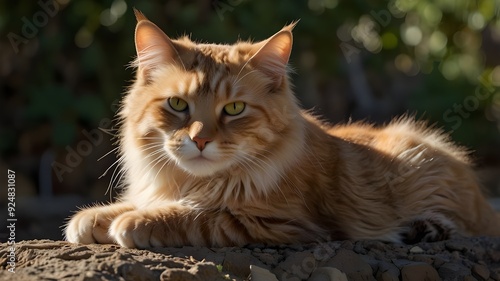 A sleek and elegant cat, lounging on a velvet cushion, its fur shimmering in the light of a crystal chandelier. photo