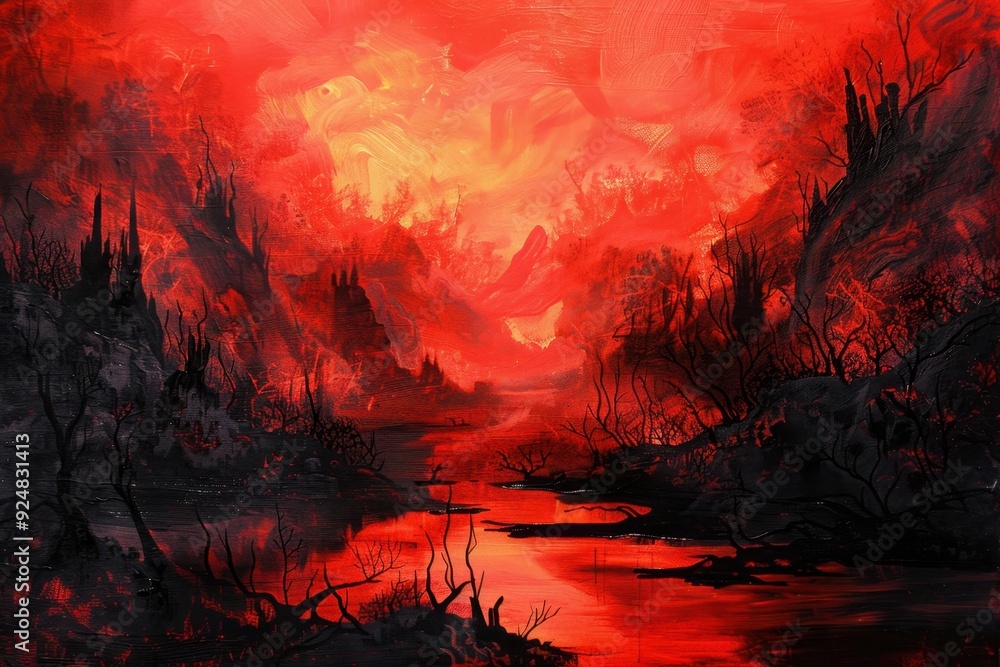Fototapeta premium A Crimson Sunset Over a Silhouetted Forest