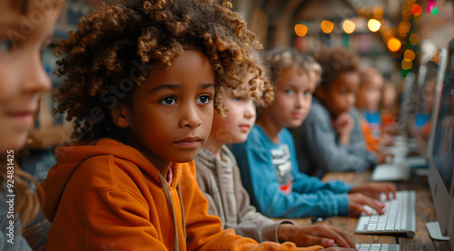 Focused Young Boy in Orange Hoodie Using Computer in Classroom