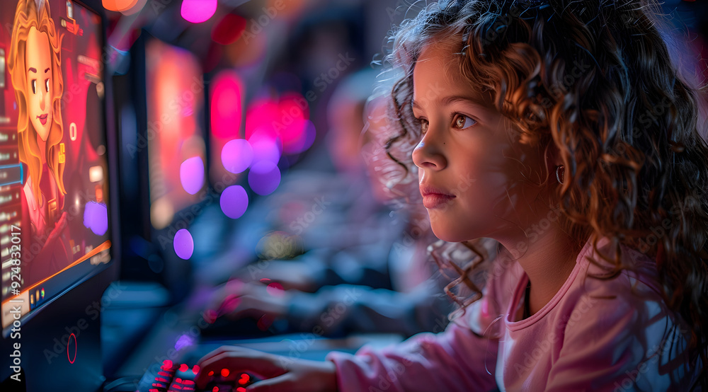 Young Girl Playing Video Games, Realistic Photo Young Girl Playing Video Games, Realistic Photo