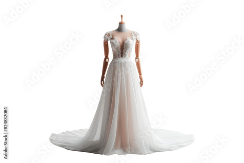Elegant white wedding dress with lace details and a flowing train, displayed on a mannequin against a plain backdrop.