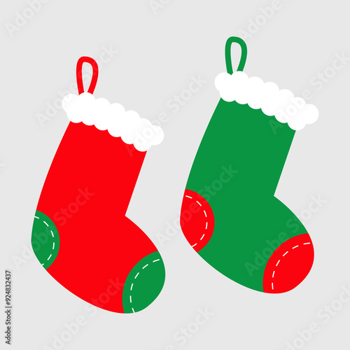 Merry Christmas sock set. Green Red hanging Santa Claus gift socks. Cute cartoon decoration element. Childish baby style. Simple flat design. White background. Isolated. Vector illustration