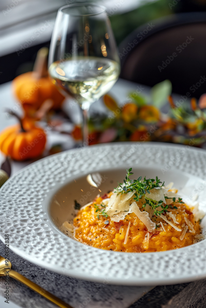 A pumpkin risotto in a stylish white plate, garnished with fresh herbs and grated Parmesan cheese, with a glass of white wine and a minimalist dining setup. A pumpkin risotto in a stylish white plate, garnished with fresh herbs and grated Parmesan cheese, with a glass of white wine and a minimalist dining setup.
