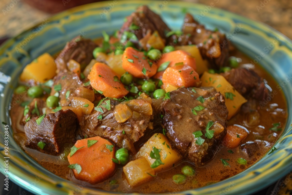 Delicious beef stew simmering in ceramic bowl with carrots, potatoes, and peas garnished with parsley Delicious beef stew simmering in ceramic bowl with carrots, potatoes, and peas garnished with parsley