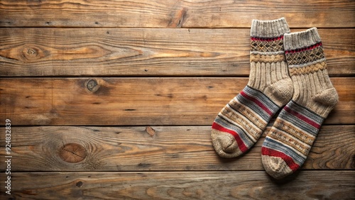 Knitted wool socks on wooden board top view , wool, socks, knitted, wooden, board, cozy, warm, winter, handmade, craft