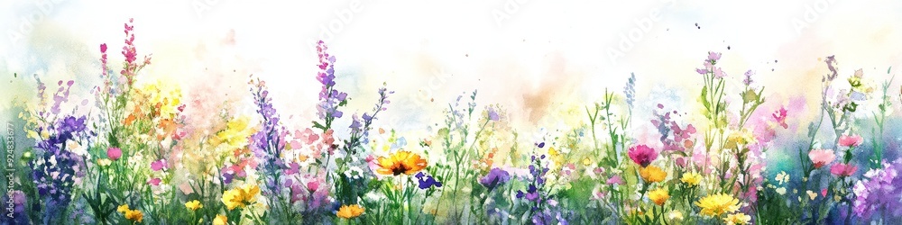 Watercolor wildflower meadow landscape painting, Watercolor wildflower meadow landscape painting,