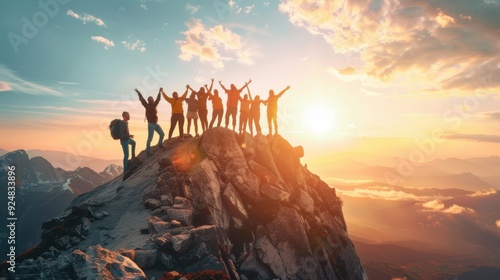 Group of hikers celebrating at the summit of a mountain during sunrise, symbolizing teamwork, achievement, and adventure in a breathtaking natural setting