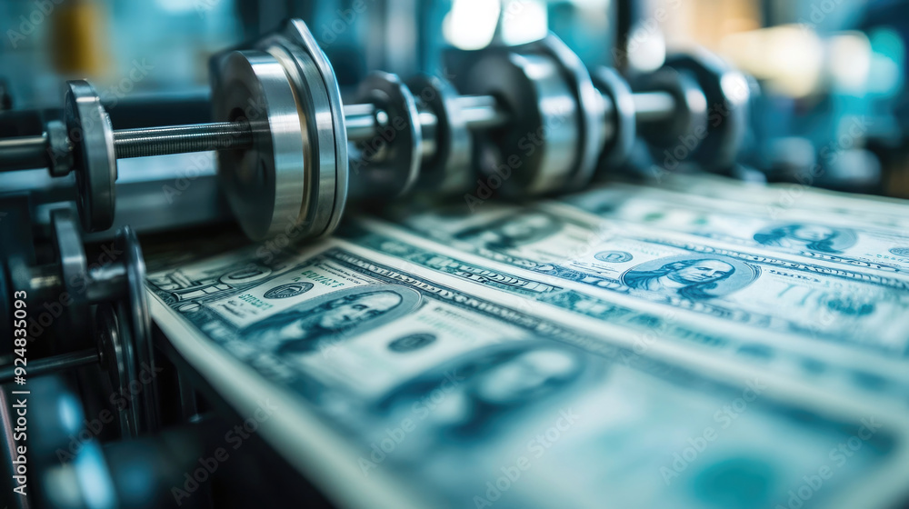 Close-Up of Currency Printing Press Machine, USA Dollars and Inflation Theme Close-Up of Currency Printing Press Machine, USA Dollars and Inflation Theme