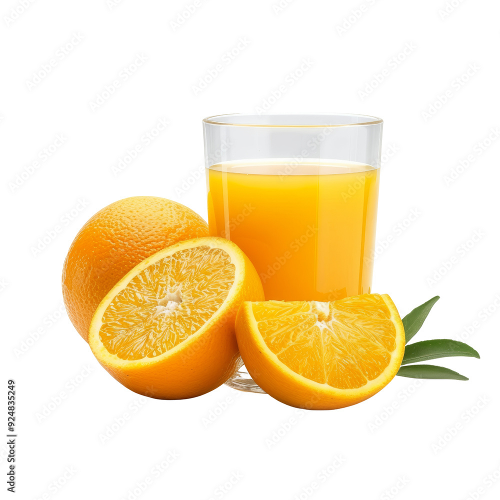 Fresh glass of orange juice with whole and sliced oranges, isolated on white background. Perfect for health and wellness themes. Fresh glass of orange juice with whole and sliced oranges, isolated on white background. Perfect for health and wellness themes.