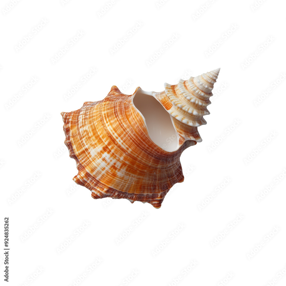 Close-up of a beautifully detailed, orange spiral seashell isolated on a white background, showcasing its intricate texture and elegant design. Close-up of a beautifully detailed, orange spiral seashell isolated on a white background, showcasing its intricate texture and elegant design.