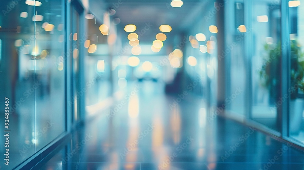 Blurred empty open space office. Abstract light bokeh at office interior background for design,generative ai Blurred empty open space office. Abstract light bokeh at office interior background for design,generative ai
