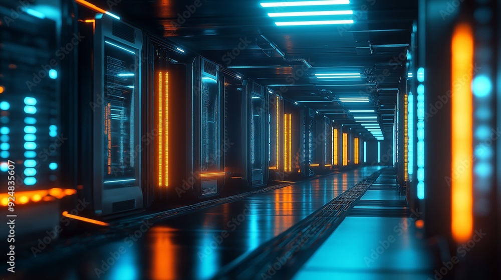 Futuristic Data Center with Glowing Server Racks. Futuristic Data Center with Glowing Server Racks.