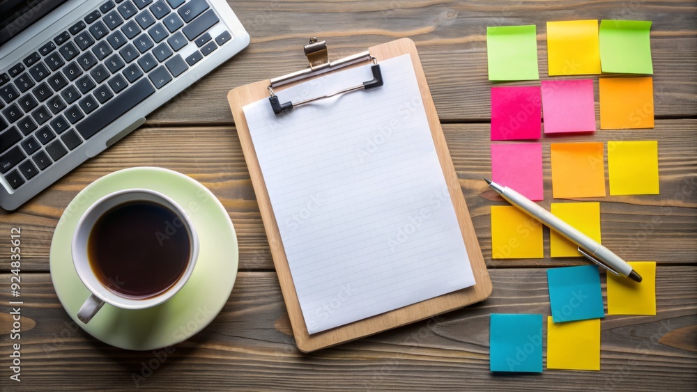 Colorful sticky notes and a clipboard on a desk, surrounded by coffee ...