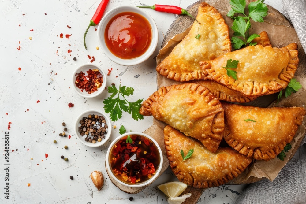 Traditional meat or vegetarian stuffed pies with sauces on white background copy space Traditional meat or vegetarian stuffed pies with sauces on white background copy space