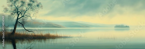 A solitary tree standing by a misty lake with a serene atmosphere, capturing the essence of calm and stillness with subtle, dreamlike ambiance.