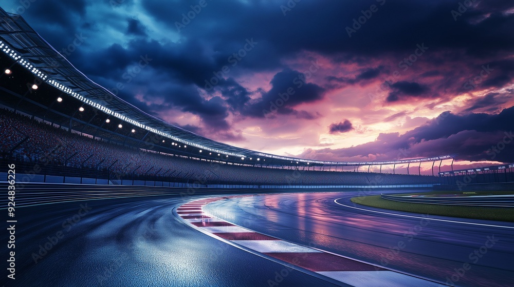Empty Racing Track at Dusk with Dramatic Sky. Empty Racing Track at Dusk with Dramatic Sky.