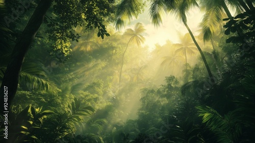 Golden sunlight beams through the dense, vibrant green foliage of a tropical rainforest.