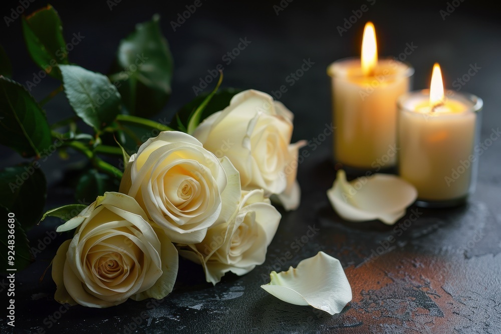 White roses and a candle against dark background symbolizing funeral condolence card concept White roses and a candle against dark background symbolizing funeral condolence card concept