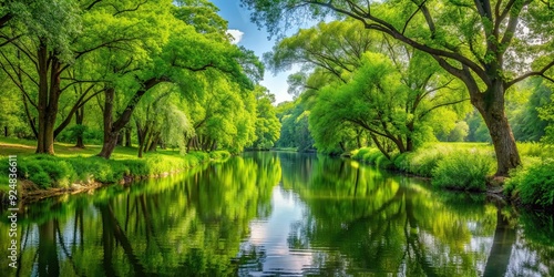 Lush landscape with vibrant green trees surrounding a peaceful waterway, nature, scenic, tranquil, peaceful, serene, outdoor