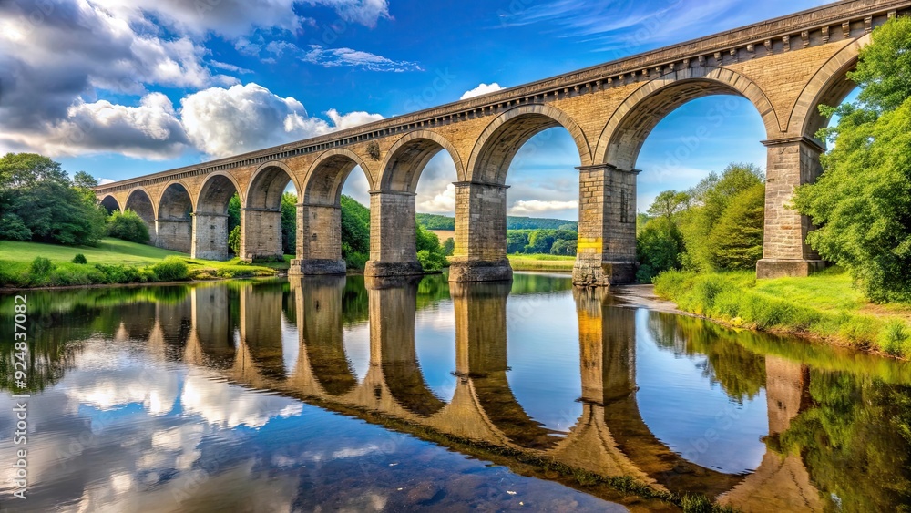 Fototapeta premium Railway bridge spanning over a river with beautiful architecture in West Yorkshire