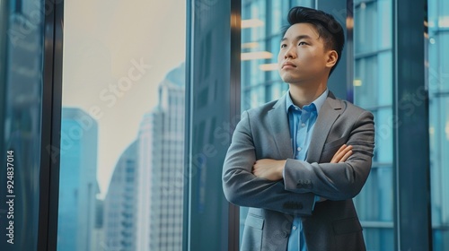 A confident man stands with arms crossed, gazing thoughtfully at the city skyline. This image captures professionalism and introspection in an urban setting. Ideal for corporate use. AI