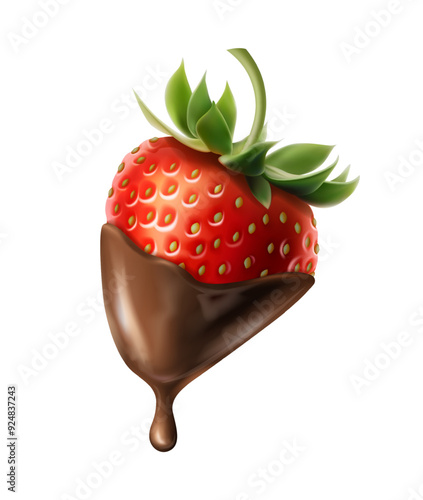 3d realistic vector icon illustration. Whole red strawberry covered in chocolate. Chocolate dripping fondue. Isolated.