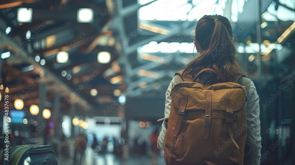 Young girl with a tourist backpack at the airport. selective focus. Generative AI, Young girl with a tourist backpack at the airport. selective focus. Generative AI,