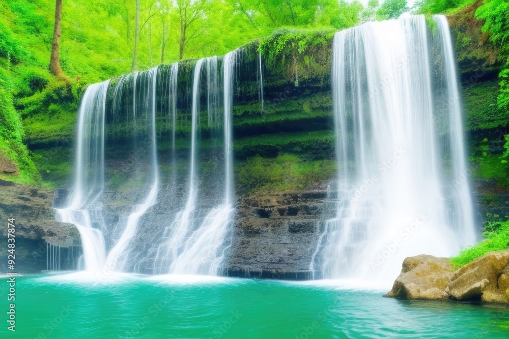 waterfall with green leaves, moss, and trees waterfall with green leaves, moss, and trees
