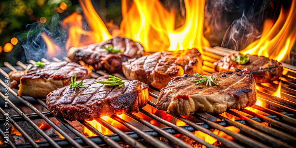 Grilled meat cooking on open flame BBQ grill , barbecue, fire, cooking, outdoor, delicious, smoke, heat, juicy Grilled meat cooking on open flame BBQ grill , barbecue, fire, cooking, outdoor, delicious, smoke, heat, juicy