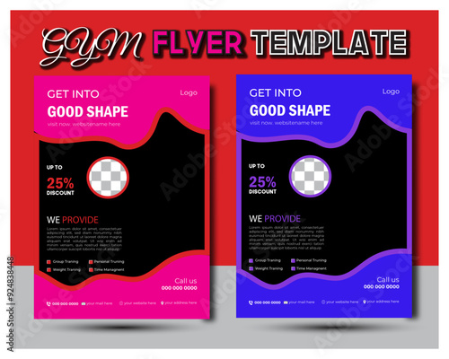 fitness gym brush effect flyer design for promote your business Pink, Yellow and Blue Color fitness body building and gym flyer template for four Photo Section