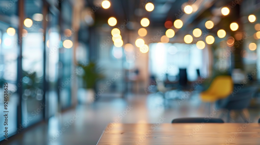 Blurred empty open space office. Abstract light bokeh at office interior background for design,generative ai Blurred empty open space office. Abstract light bokeh at office interior background for design,generative ai