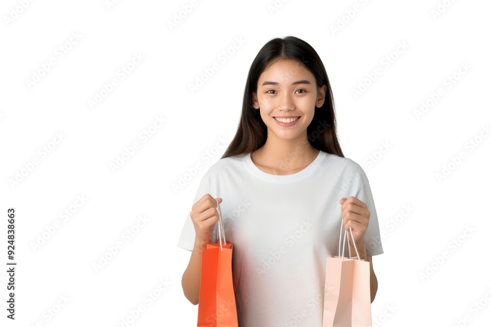 Smiling woman holding shopping bags, isolated on white background. Concept of shopping, retail, and consumerism. Smiling woman holding shopping bags, isolated on white background. Concept of shopping, retail, and consumerism.