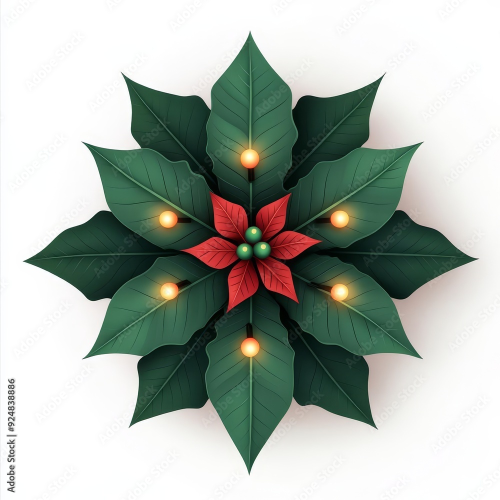 Aerial view of Christmas lights arranged like holly leaves, festive element, flat design, green and red, isolated on white background Aerial view of Christmas lights arranged like holly leaves, festive element, flat design, green and red, isolated on white background