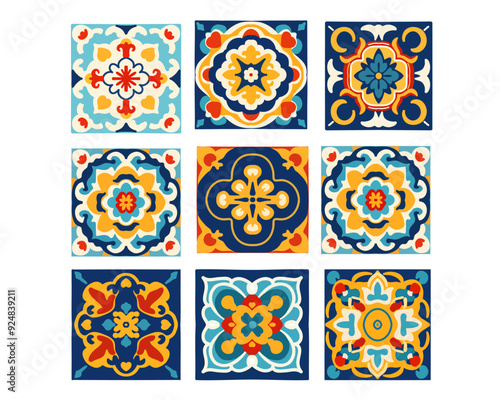 vector seamless pattern of ornament tiles texture  with Moroccan oriental arabesque mosaic. Ceramic majolica, Portuguese lisbon Azulejo, mexican Talavera, italian, sicilian, spanish, turkish,