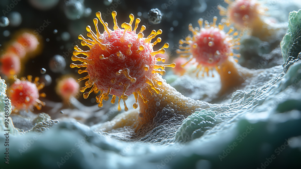 A detailed microscopic view of a virus, showcasing its unique structure and vibrant colors against a textured background.