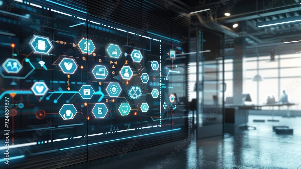 A high-tech office with a large digital board displaying interconnected company logos, symbolizing a network of partnerships A high-tech office with a large digital board displaying interconnected company logos, symbolizing a network of partnerships
