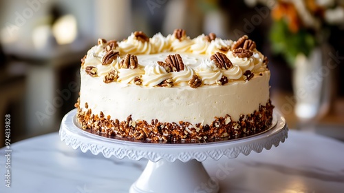 A beautifully decorated carrot cake with cream cheese frosting and a sprinkle of chopped walnuts.