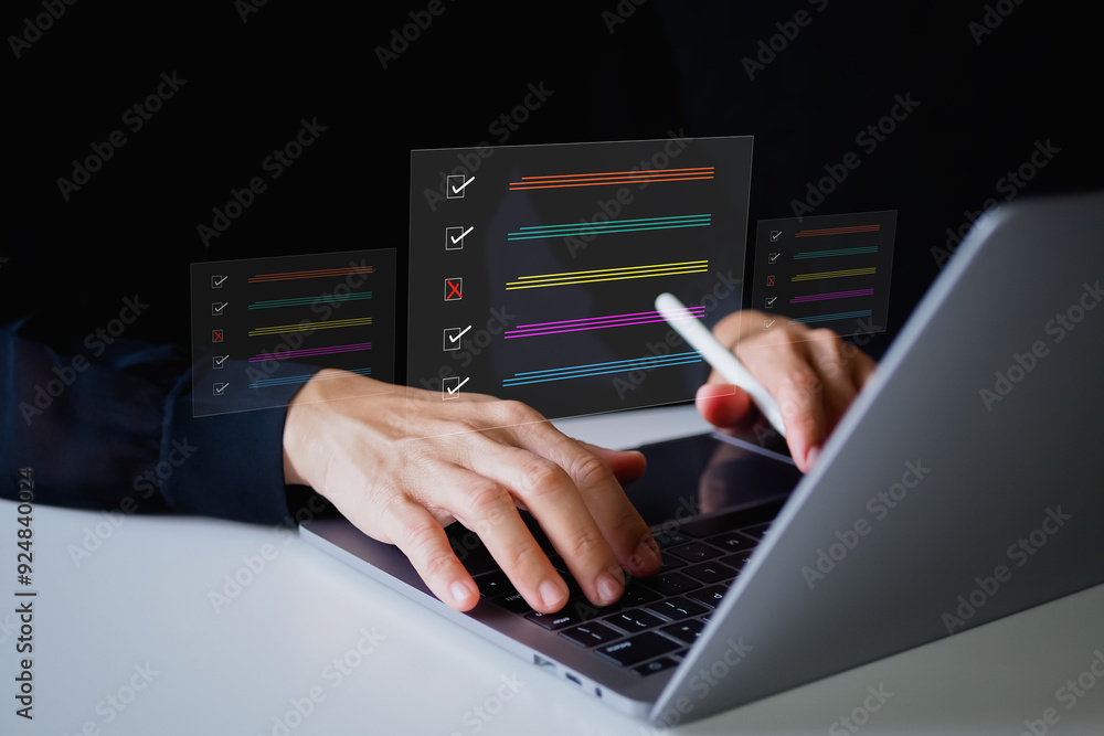 Businesswoman using laptop to Approve document icon on virtual screen for business process workflow illustrating management approval and and project approve concept. Businesswoman using laptop to Approve document icon on virtual screen for business process workflow illustrating management approval and and project approve concept.