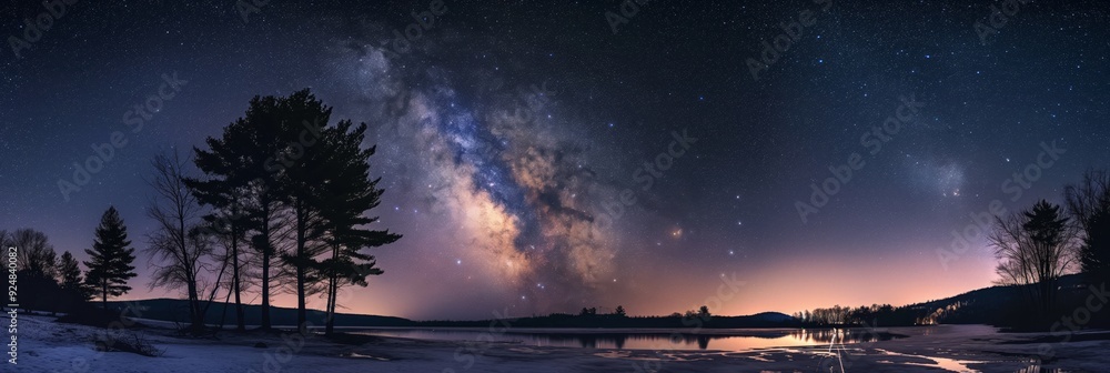 A stunning night sky showcasing the Milky Way galaxy over a tranquil lake, highlighted by silhouettes of trees and reflections on water. A stunning night sky showcasing the Milky Way galaxy over a tranquil lake, highlighted by silhouettes of trees and reflections on water.