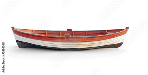 A classic wooden boat, painted red and white, rests on transparent background.png, ready for a day on the water.