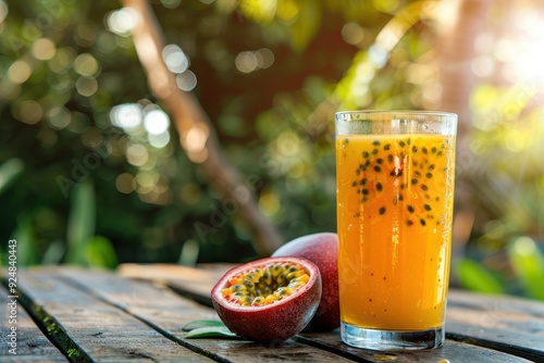 Copy space with glass of tropical mango and passion fruit juice on wooden table in Tanzania yard close up