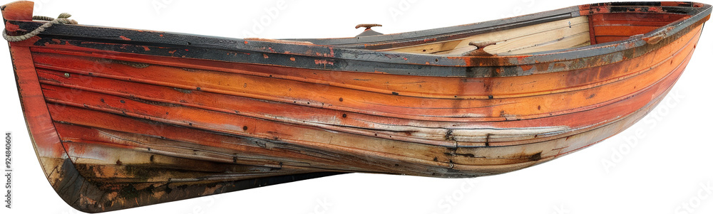 © vuang - A weathered wooden boat with faded orange and red paint, showcasing the passage of time. © vuang - A weathered wooden boat with faded orange and red paint, showcasing the passage of time.