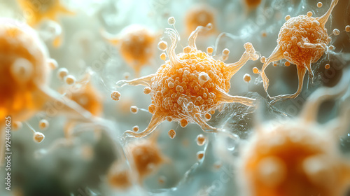 Close-up view of vibrant microorganisms showcasing cellular structures and intricate details in a microscopic environment.