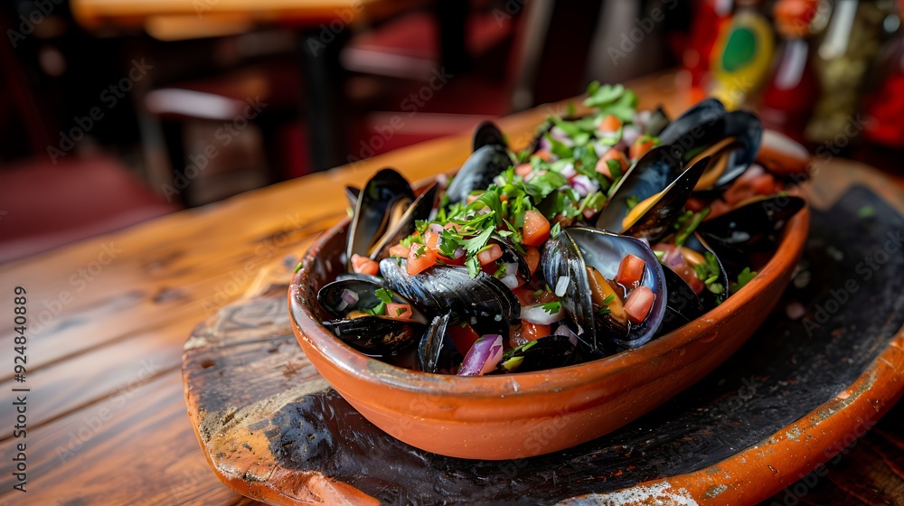 A beautifully presented plate of Peruvian choros a la chalaca with mussels topped with a fresh salsa of onions, tomatoes, and cilantro. A beautifully presented plate of Peruvian choros a la chalaca with mussels topped with a fresh salsa of onions, tomatoes, and cilantro.