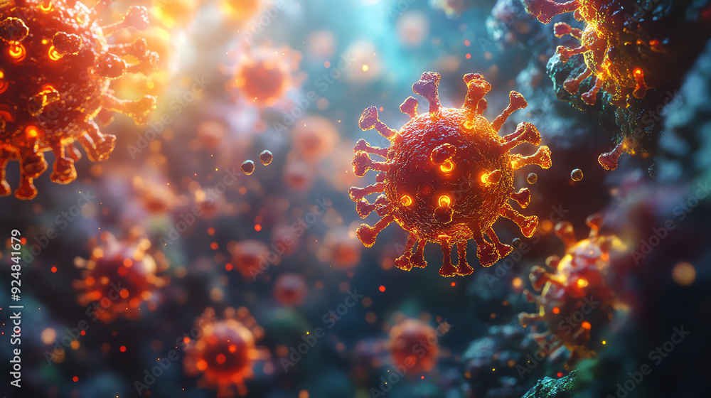 Vibrant microscopic view of the coronavirus, showcasing detailed structures and vivid colors, highlighting its biological complexity. Vibrant microscopic view of the coronavirus, showcasing detailed structures and vivid colors, highlighting its biological complexity.