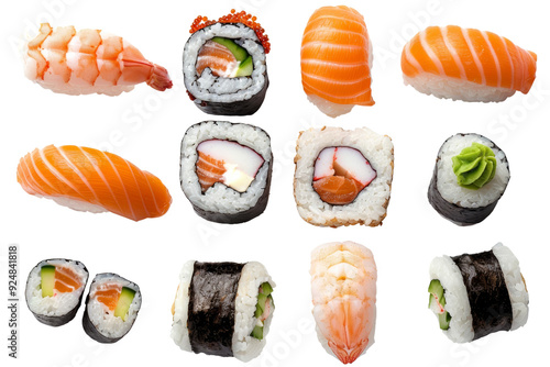 A variety of delicious sushi rolls and nigiri pieces on a white background. Perfect for Japanese cuisine enthusiasts and food photography.