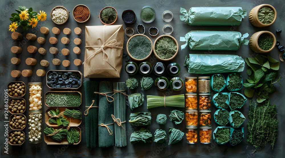 Green Food Package Layout with Herbs, Seeds, and Spices - Flat Lay Photography Green Food Package Layout with Herbs, Seeds, and Spices - Flat Lay Photography