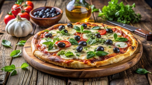 Freshly baked homemade pizza loaded with juicy olives, melted mozzarella cheese, and fragrant herbs, served on a rustic wooden cutting board.